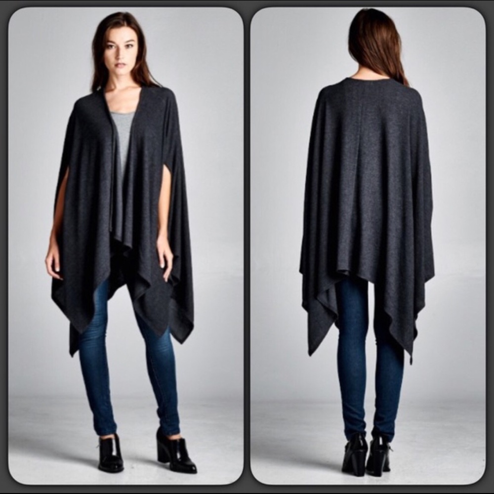 Charcoal Knit Poncho Open Cape Sweater - Med